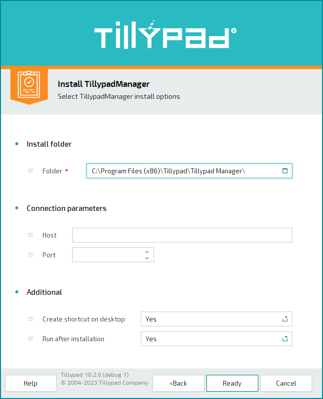 Selecting parameters for installation of Tillypad Manager